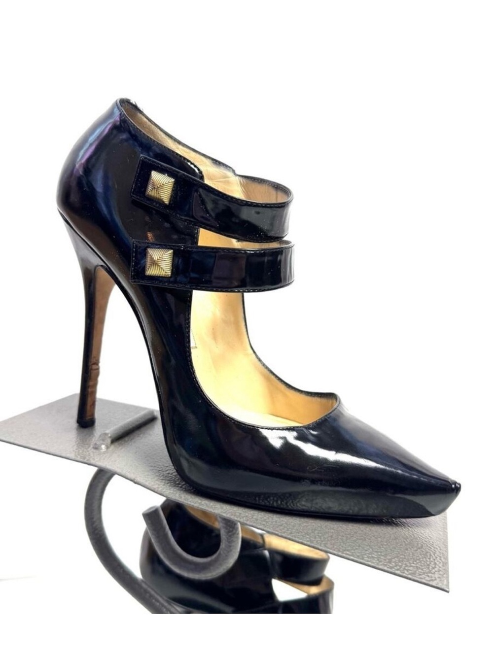 Jimmy Choo Black Patent Leather Double-Strap Pointed Mary Jane Heels Sz 39 1/2
